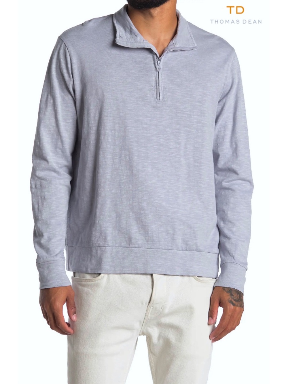 THOMAS DEAN MEN NWT GARMENT DYE MODAL BLEND GREY 1/4 ZIP PULLOVER. SIZE L